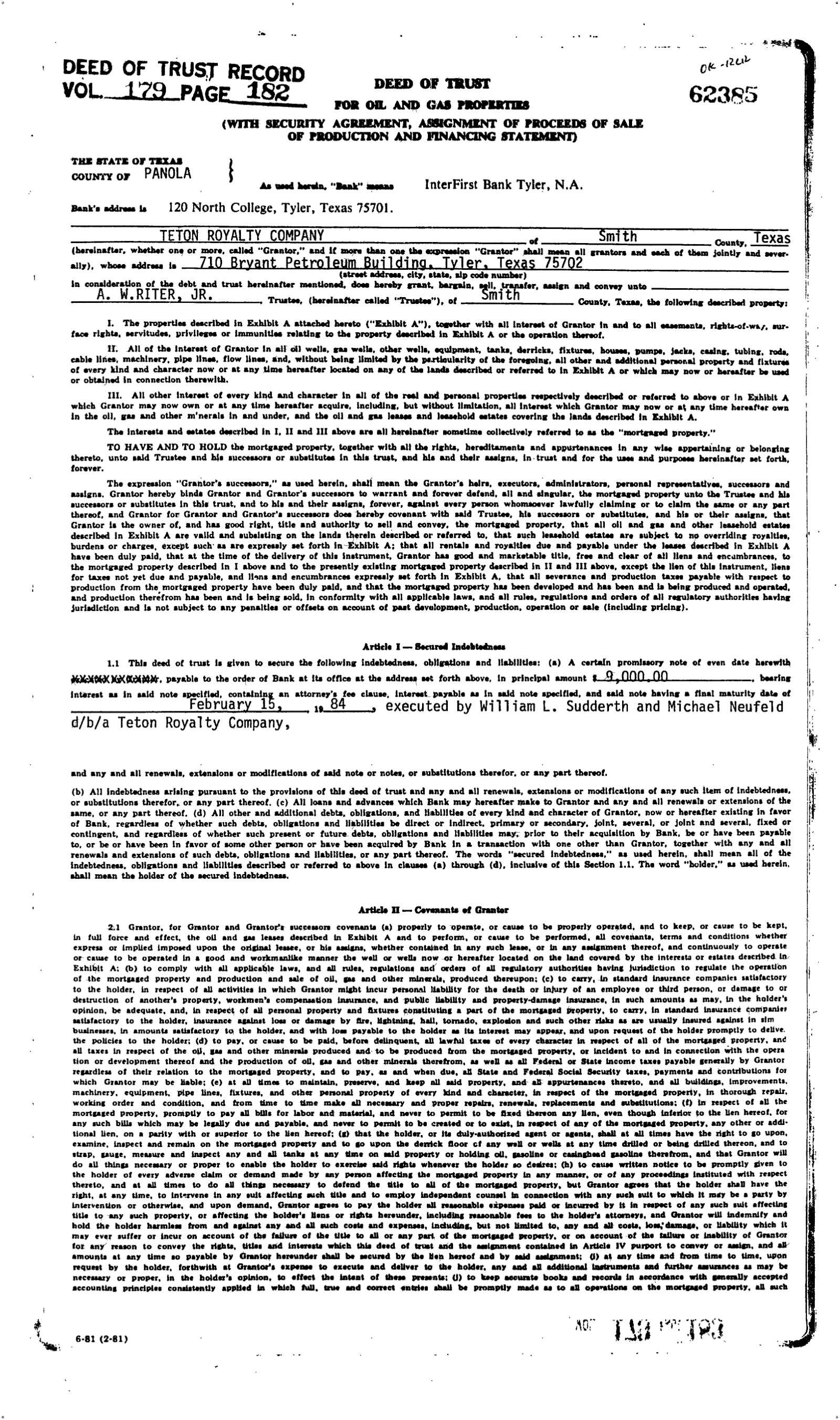 Teton Royalty Co - Recorded Deed Of Trust (Vol. 179, Page 182)