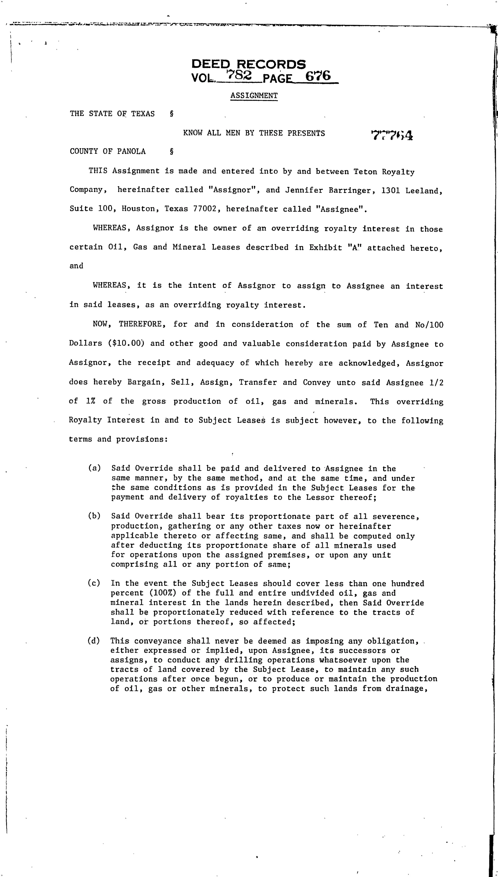 Teton Royalty Co - Recorded Assignment/Transfer (Vol. 782, Page 676)